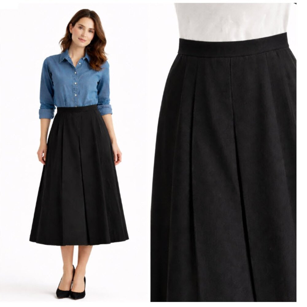 Mister Leonard Black Wool A-Line Midi Skirt 70s Large Pleated Front Dark Arcadem